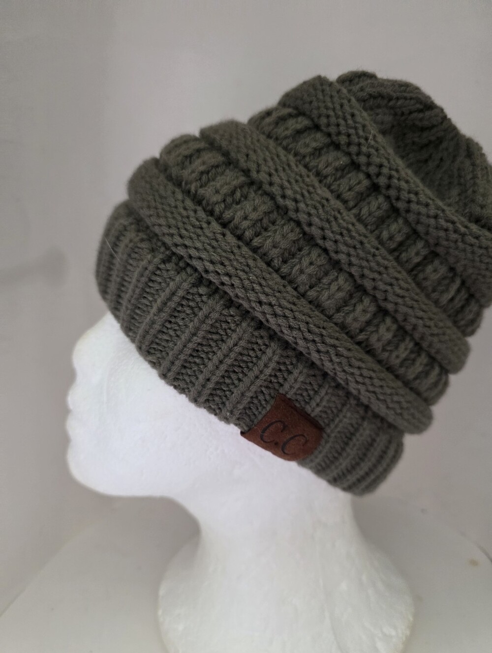CC Ponytail Beanie Hat Cable Knit High Messy Bun Warm Winter Girls Olive Green